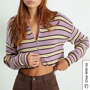 Purple and Brown Pacsun cropped sweater, has two zippers.